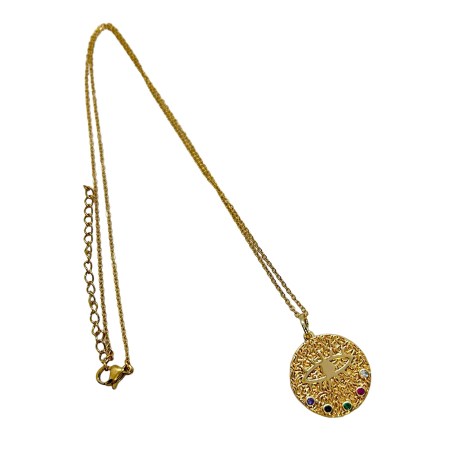 necklace steel chain gold and round element with zirgon1